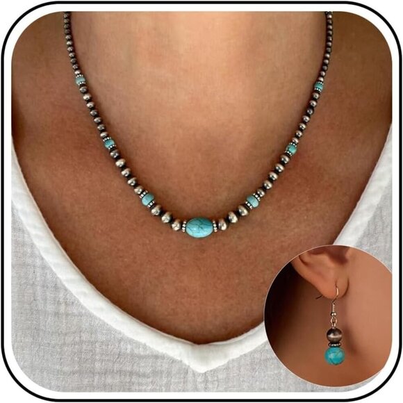 Boutique Jewelry - Turquoise Pearl Necklace & Earring Set Western Boho